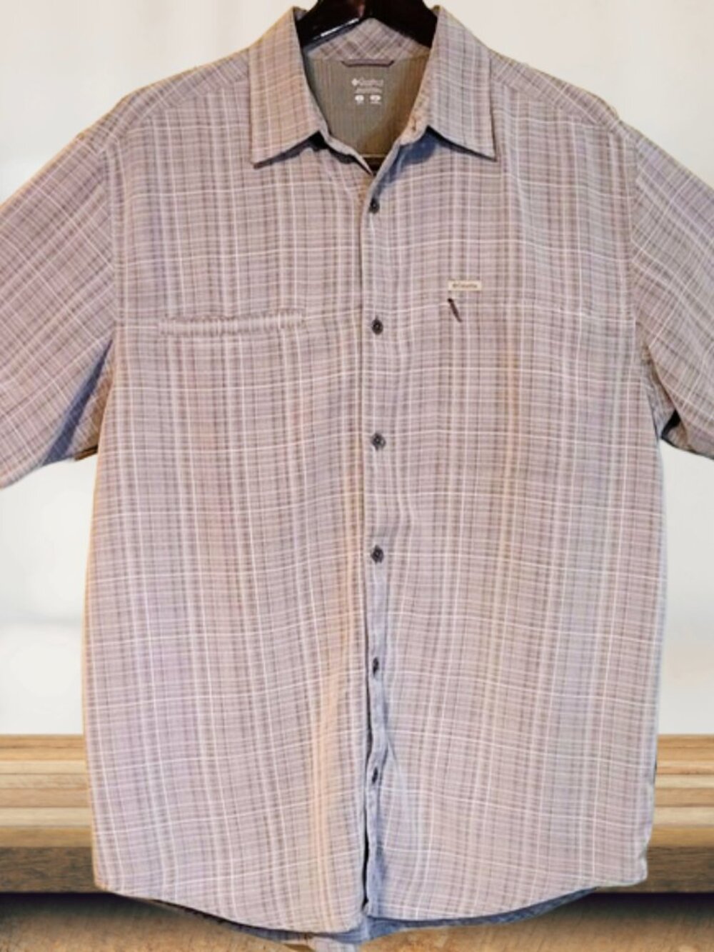 Columbia men's casual button-down short-sleeve shirt, Sze Large, plaid pattern